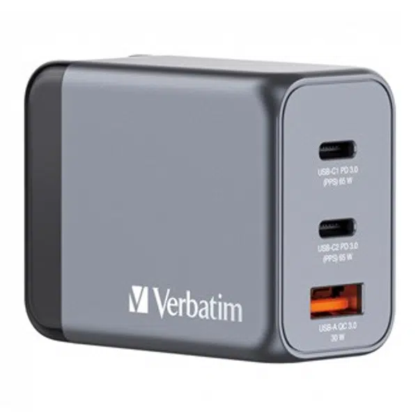 Verbatim GaN 32201, cestovní nabíječka do sítě, USB 3.0, USB C, šedá, 65 W, vyměnitelné vidlice C,G,A