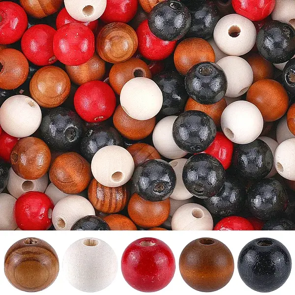 250Pcs 5 Styles Round Natural Wood Beads