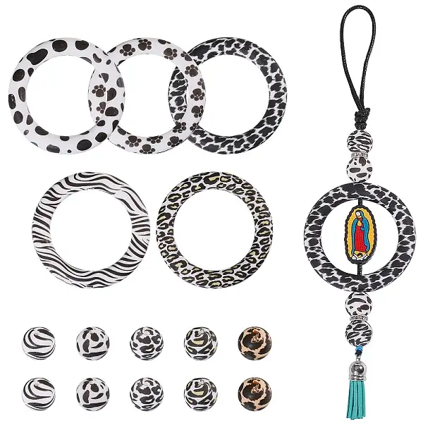 15Pcs 10 Styles Ring & Round Food Grade Silicone Focal Beads