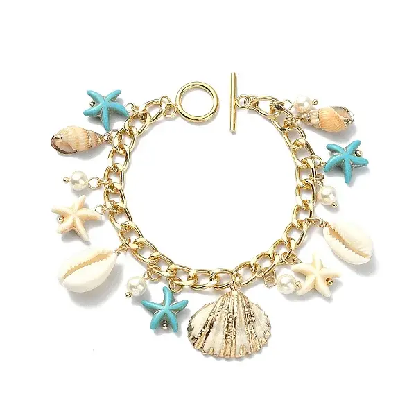 Natural Shell & Shell Pearl & Synthetic Turquoise Starfish Charm Bracelet