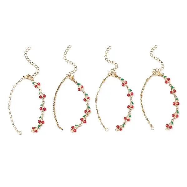 4Pcs 4 Styles 304 Stainless Steel Enamel Red Cherry Link Chain Bracelet Making
