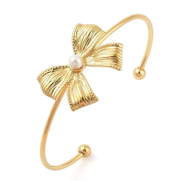 Bowknot 304 Stainless Steel Pave Shell Pearl Open Cuff Torque Bangles for Women