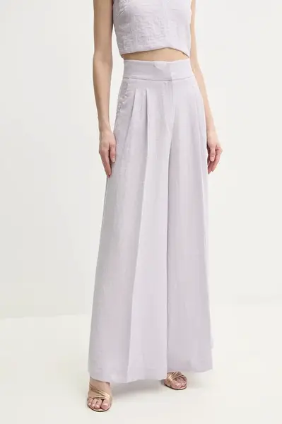 Kalhoty s příměsí lnu Twinset fialová barva, high waist, 251TT2281