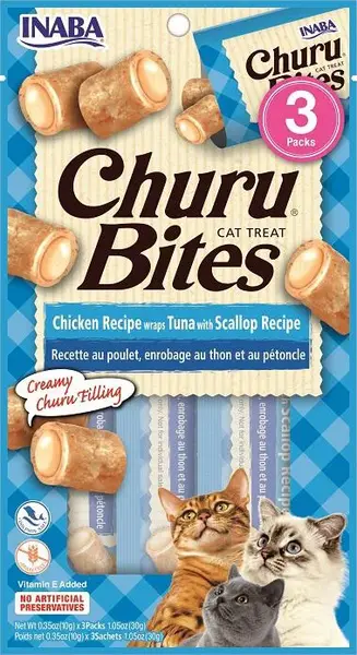 INABA Cat Churu Bites - tuňák s hřebenatky 3 x 10 g