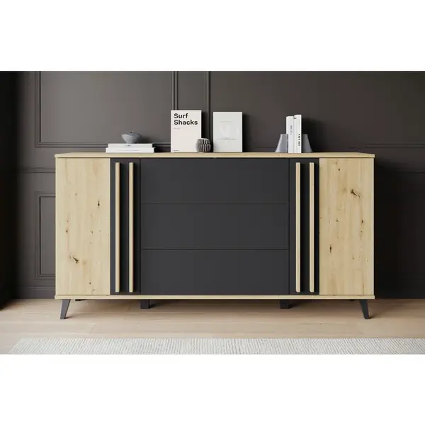 ŠIROKÁ KOMODA, černá, dub artisan, 150/77,8/39,5 cm