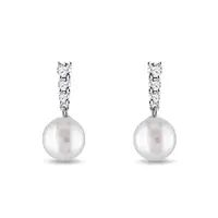 Náušnice z bílého 14k zlata s perlami a brilianty KLENOTA