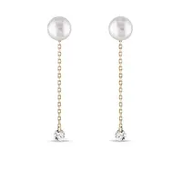 Retiazkové náušnice zo žltého 14k zlata s perlou a diamantom KLENOTA