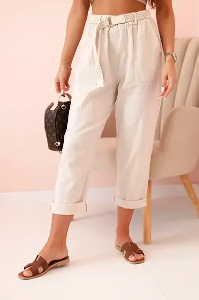 Kesi Włoski Dámske ľanové nohavice s bavlnou a opaskom béžové