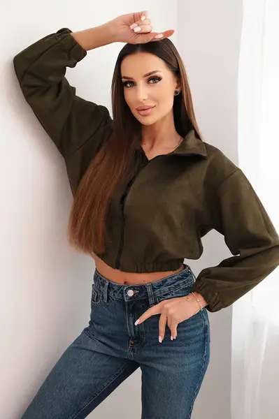 Suede zip-up sweatshirt in khaki color