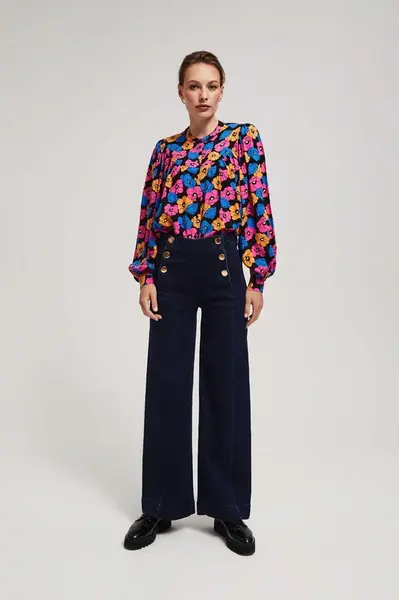 Marisse Wide Leg Jeans With Decorative Buttons, Navy Blue