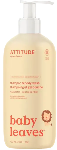 ATTITUDE Baby Leaves Detské telové mydlo a šampón (2v1) s vôňou hruškovej šťavy 473 ml