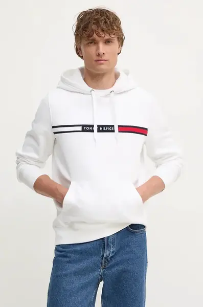 Mikina Tommy Hilfiger pánská, bílá barva, s kapucí, s aplikací, MW0MW37361