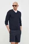 Vlněný svetr BOSS pánský, tmavomodrá barva, lehký, 50468261