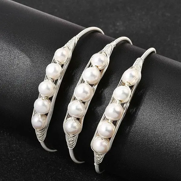 Brass Wire Wrapped Natural Pearl Open Cuff Bangles for Women