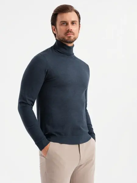Ombre Men's knitted turtleneck with viscose - navy blue