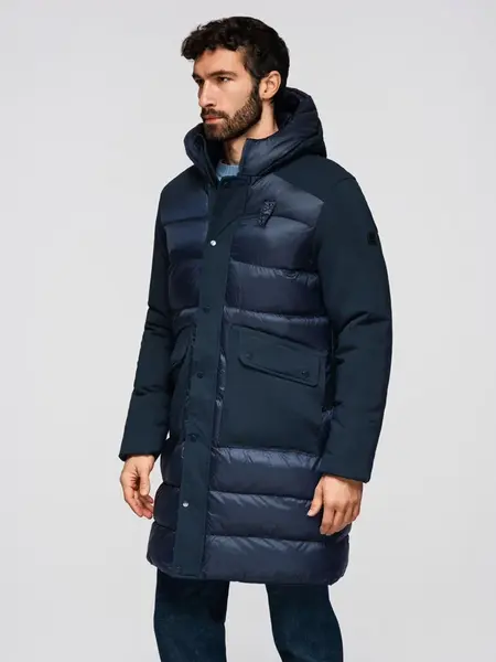 Ombre Men's quilted long jacket with large pockets - navy blue