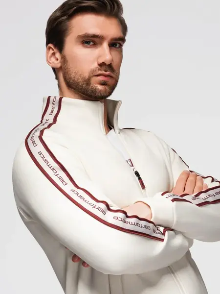 Ombre Men's unbuttoned sweatshirt with piping and high collar - cream