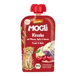 MOGLi bio višňová kapsička so slivkami, jablkom, banánom a ovsenými vločkami s certifikáciou Demeter