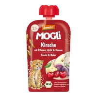 MOGLi bio višňová kapsička so slivkami, jablkom, banánom a ovsenými vločkami s certifikáciou Demeter