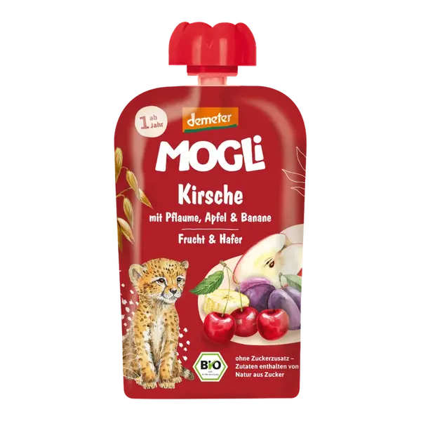 MOGLi bio višňová kapsička so slivkami, jablkom, banánom a ovsenými vločkami s certifikáciou Demeter