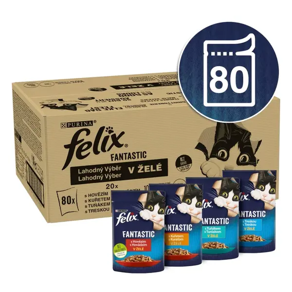 Felix Fantastic kapsičky pre mačky hovädzie, kura, tuniak, treska v želé 80×85 g