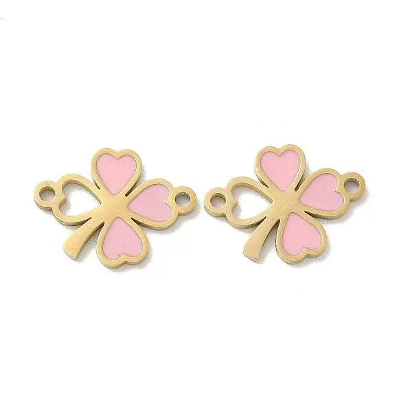 304 Stainless Steel Pink Enamel Shamrock Connector Charms