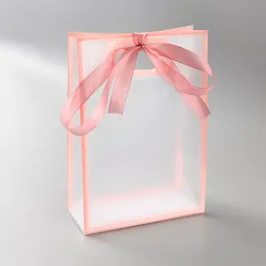 Rectangle Plastic Packaging Gift Bags with Hole Handle and Silk Ribbon