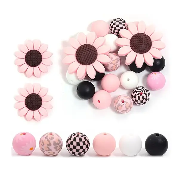 23Pcs Sunflower & Round Silicone Focal Beads