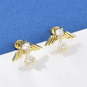 Brass Micro Pave Clear Cubic Zirconia Angel Stud Earrings