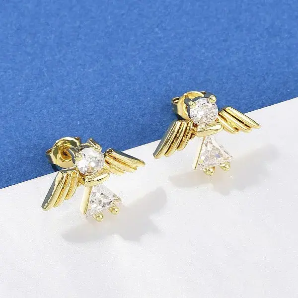 Brass Micro Pave Clear Cubic Zirconia Angel Stud Earrings