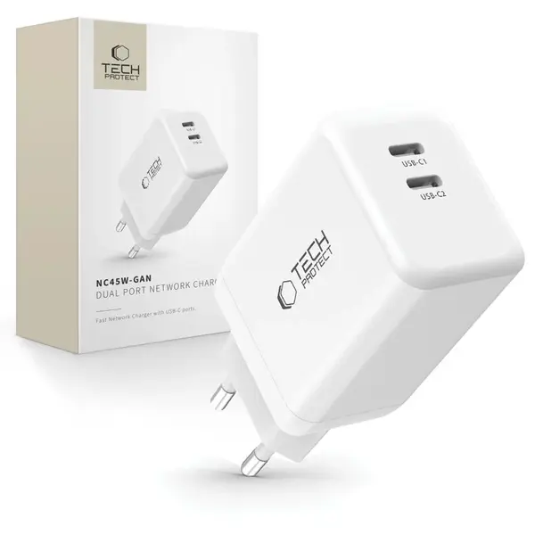 Tech-Protect NC45W GaN sieťová nabíjačka 2x USB-C 45W, biela