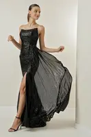 By Saygı Přední nařasené lemované podšité flitrované dlouhé šaty bez ramínek