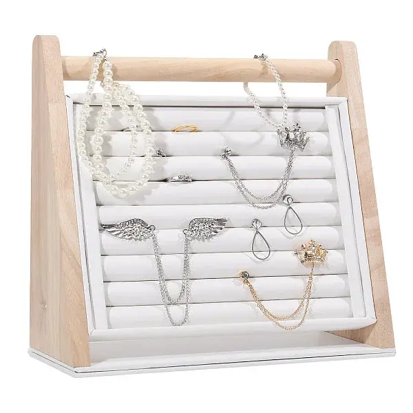 Wood & PU Leather Slant Back Ring Organizer Display Stands