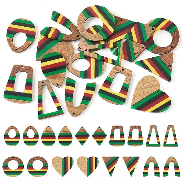 18Pcs 9 Styles Jamaican Colour Epoxy Resin & Walnut Wood Pendants
