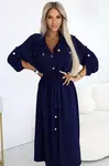 531-6 Midi Shirt Dress with Gold Buttons and Tie - Navy Blue