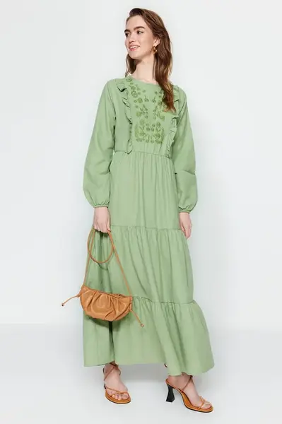 Trendyol Khaki Ruffle Detailed Embroidered Woven Dress