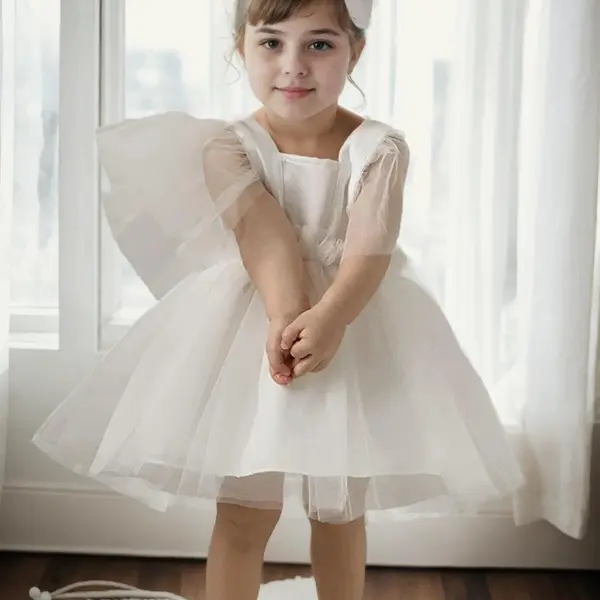 N2401 Dewberry Girls Satin Evening Dress-WHITE