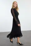 Trendyol Black Animal Patterned A-Line Stand Collar Midi Lined Chiffon Woven Winter Dress