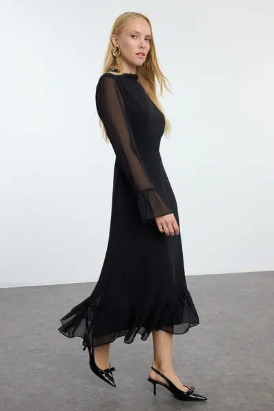 Trendyol Black Animal Patterned A-Line Stand Collar Midi Lined Chiffon Woven Winter Dress