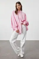 Trendyol Pink Striped Balloon Sleeve Cotton Woven Shirt