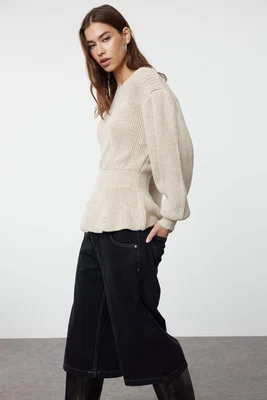 Trendyol Stone Balloon Sleeve Flounced Knitwear Sweater