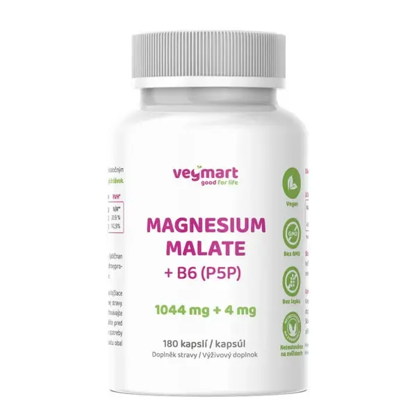 Vegmart Magnézium malát 15% + Vitamín B6 (P5P), 180 kapsúl