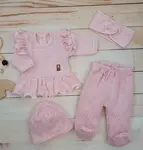 Pletená ažurková sada 4D, tunika, polodupačky, čiapočka + čelenka Kazum, ružová, veľ. 68