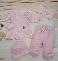 Pletená ažurková sada 4D, tunika, polodupačky, čiapočka + čelenka Kazum, ružová, veľ. 68