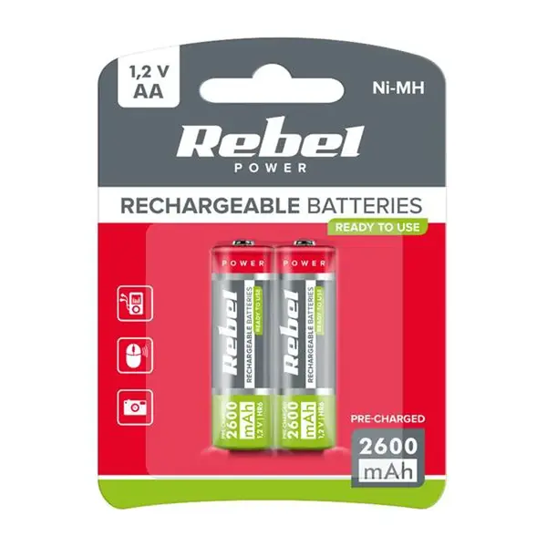 Baterie AA (R06) nabíjecí 1,2V/2600mAh REBEL 2ks / blistr BAT2003