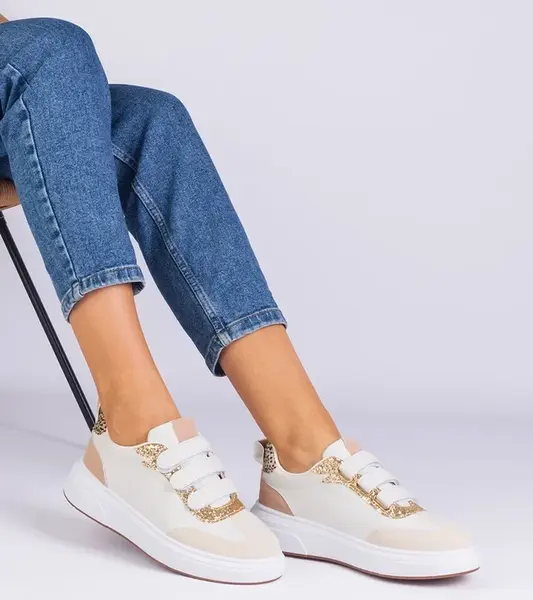 Gemre Beige women's Velcro sneakers decorated with glitter Kasabella