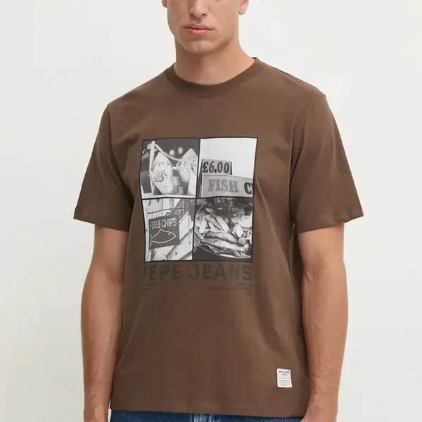 Bavlněné tričko Pepe Jeans AWEST hnědá barva, s potiskem, PM509641