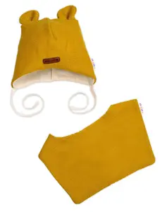 Baby Nellys Pletená čepice s bavlněnou podšívkou a šátkem 2v1, Teddy Hand made - hořčicová