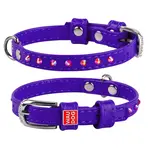 Plochý kožený obojok fialovej farby s kryštálmi, Obvod krku: 30-39 cm, širka: 20 mm