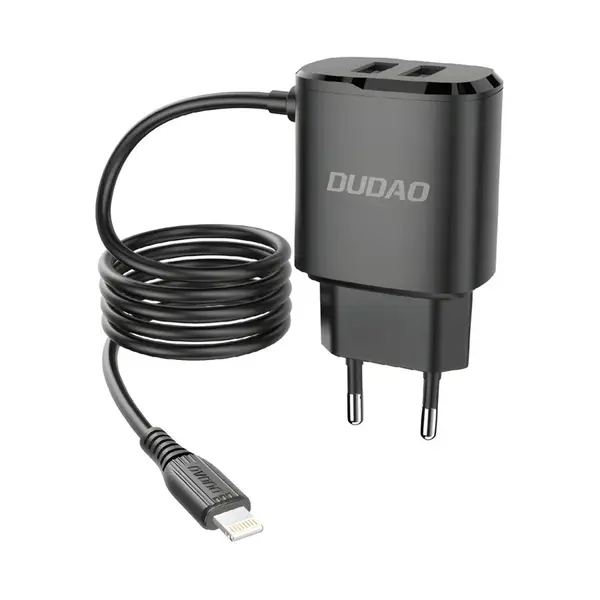 Nabíjačka 2x USB so vstavaným USB káblom Lightning 12W čierna H14090
